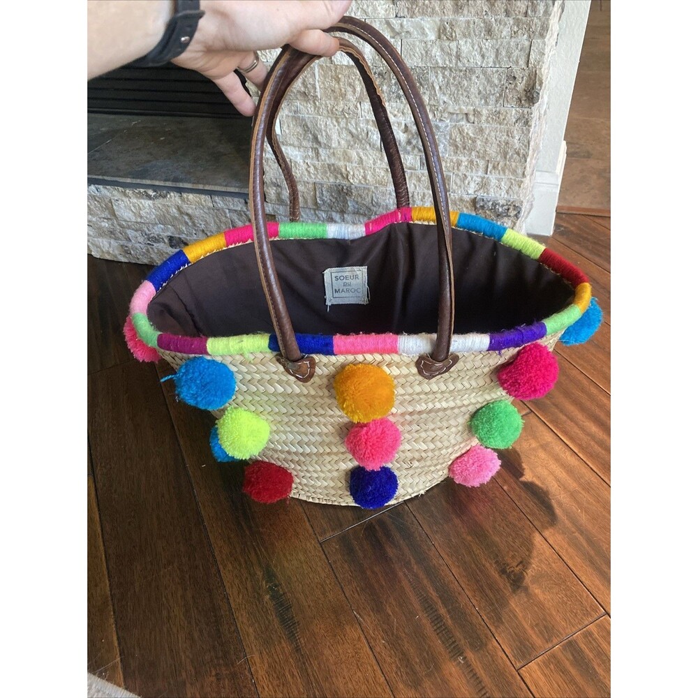 Soeur Du Maroc Pom Pom Large Straw Summer Tote Bag